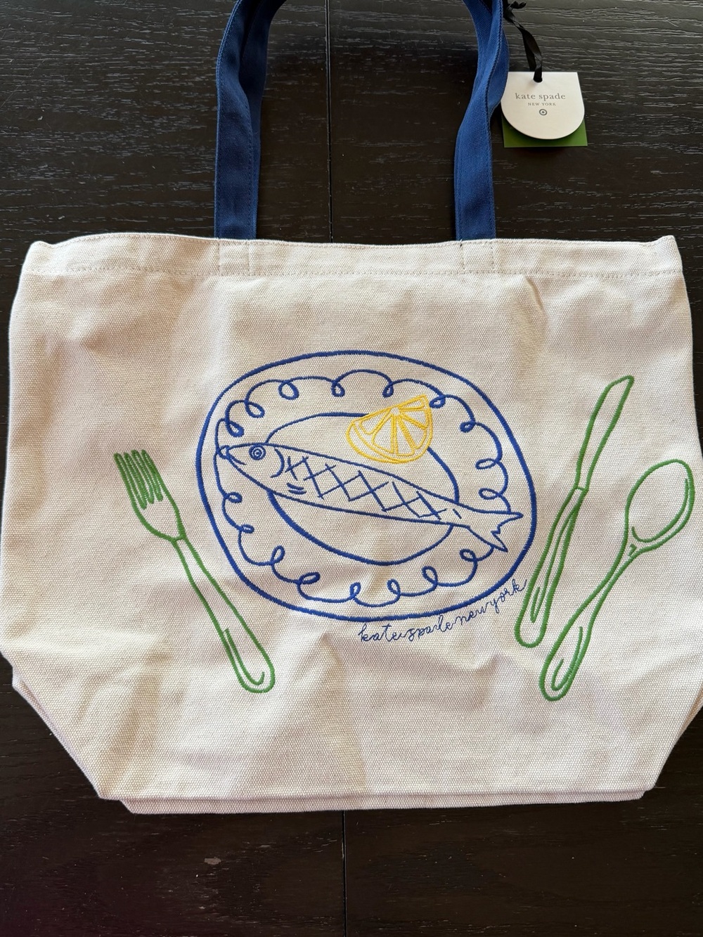 kate spade canvas tote in navy, blue, green & yellow with fish plate motif